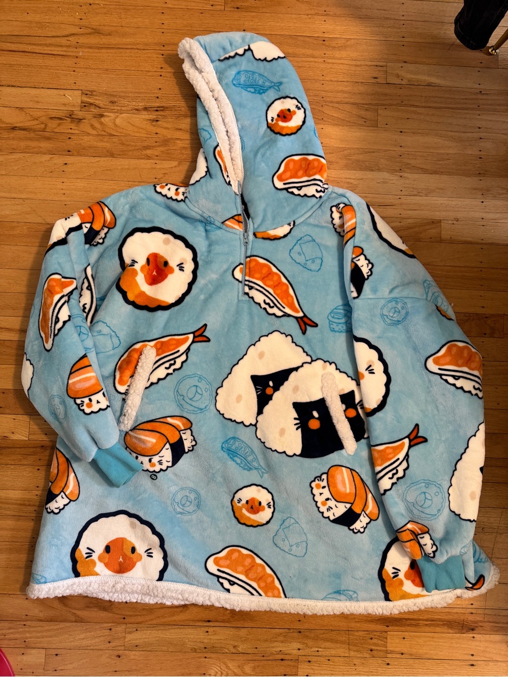 Blue Sushi Print Sherpa Blanket Hoodie